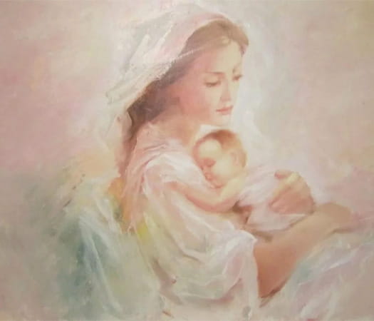 Изображение матери и младенца, акварель в пастельных тонах